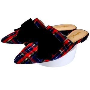 J. McLaughlin- NEW- Red Plaid Tartan Lyon Tweed Velvet Bow Slide On Mules, 9.5